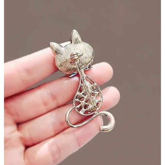 Cat Brooch Pin Large Blue Faceted Gemstone & Rhinestones - Picture 3 of 8